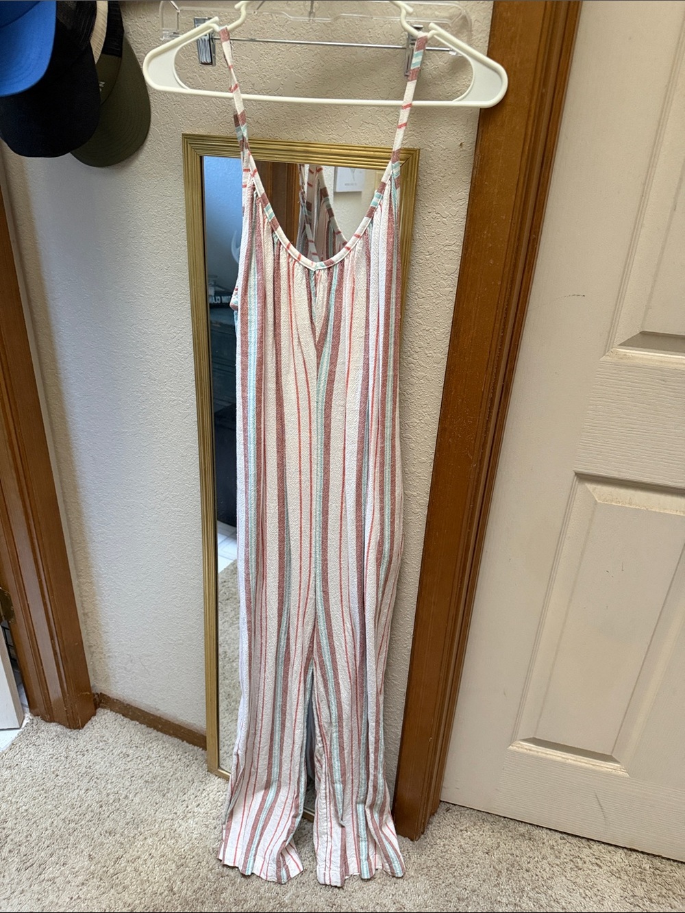 Roxy Coral and Cream Striped Spaghetti-Strap Jumpsuit